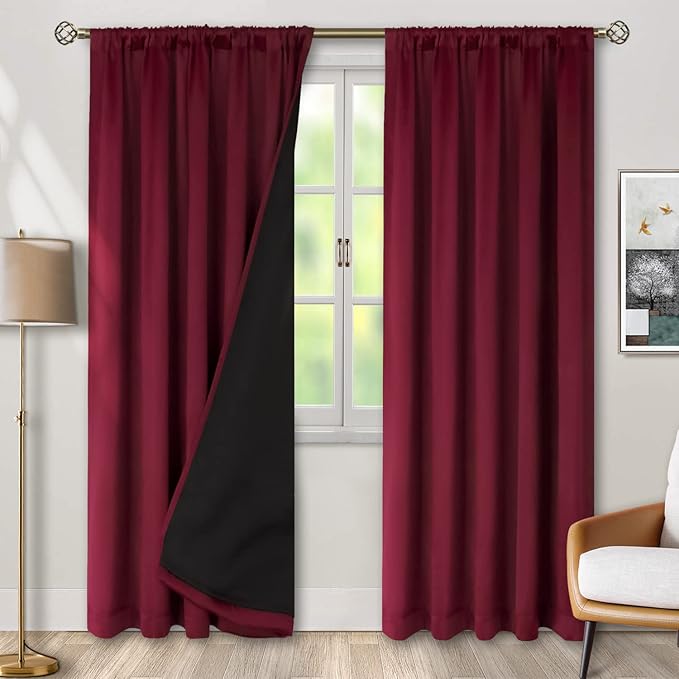 BGment Full Blackout Curtains with Insulated Lining 84 Inches Long，Rod Pocket and Back Tab Double Layer Room Darkening Window Curtain for Bedroom(52 x 84 Inch, 2 Panels, Burgundy Red)