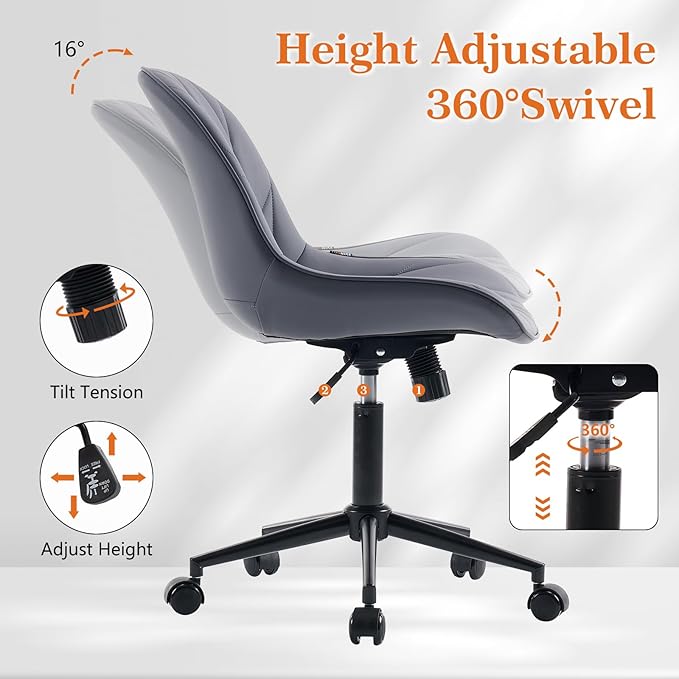 Rowill Modern Office Chair - Ergonomic Swivel Leather Desk Chair with Curved Backrest, Height Adjustable Rolling with Wheels, Perfect for Study Room & Office, Gray Purple