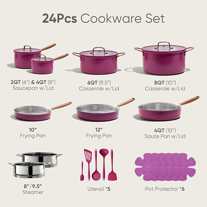 CAROTE 24pcs Tri-Ply Stainless Steel Cookware Set, Pots and Pans Set, Non Stick Induction Kitchen Cooking Sets, Nonstick Cookware Collection, Outer Ceramic Layer, Violet Purple