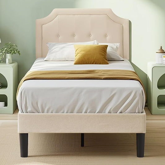 VECELO Twin Size Platform Bed Frame with Fabric Upholstered Headboard and Wooden Slats Support, No Box Spring Needed/Easy Assembly,Beige
