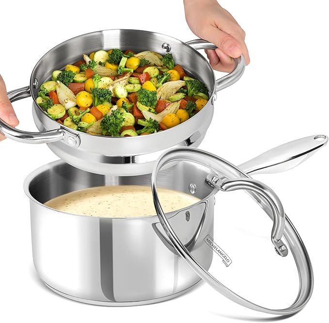 MICHELANGELO Stainless Steel Saucepan with Lid & Steamer, 3 Quart Sauce Pan with Lid, Steamer Pot with Pour Spout, 3 Qt Stainless Steel Pot, Induction Compatible, Oven Safe