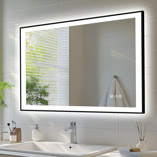 44x32 Bathroom Mirror with LED Lights - Black Framed, Front and Backlit Mirror, Anti-Fog LED Vanity Mirror, 3 Colors and Dimmable Mirror, Waterproof, Corrosion Proof (Horizontal/Vertical)