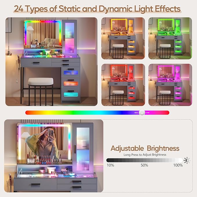 RGB Vanity Desk with Mirror and Lights, Glass Top Makeup Vanity with 6 Drawers & Wireless Charging,Vanity Table Set with RGB Cabinet Light and Jewelry Box, for Girls Bedroom,Grey