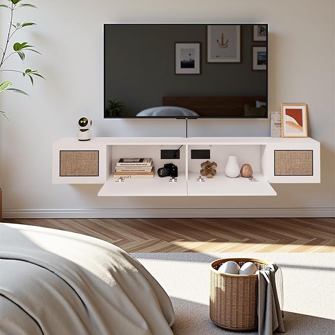 Pmnianhua Boho Floating TV Stand 55", Modern Wall Mounted Media Console with Cotton-Rayon Doors for Under TV Shelf,Entertainment Center,Living Room,Bedroom(White)