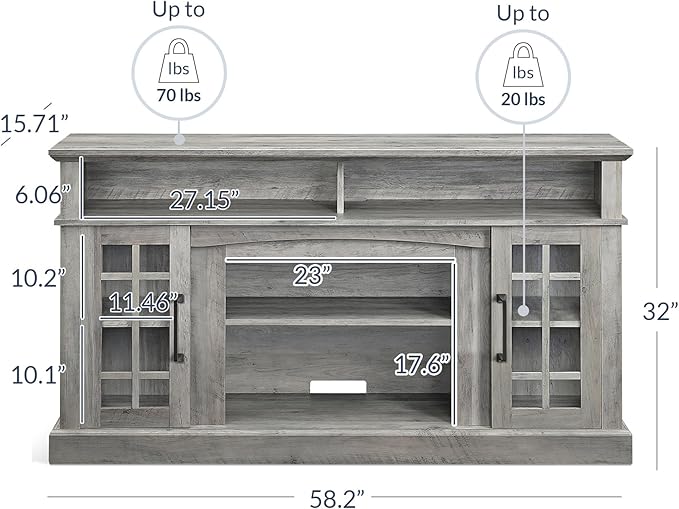 BELLEZE Traditional 58 Inch Rustic Wood TV Stand & Media Entertainment Center Console Table for TVs up to 65 Inches with Open Storage Shelves & Cabinets - Astorga (Gray Wash)