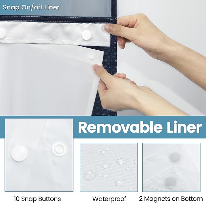 Navy Blue Stall No Hook Shower Curtain with Snap in Liner,230GSM Waffle Weave Shower Curtains for Bathroom,54W x 80H