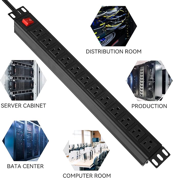 BTU Power Surge Protector Rack-Mount PDU, 12 Outlet Power Strip with Switch, Metal Mountable Heavy Duty for Server Racks, Garage Shop, Industrial Commercial (Black 10FT)