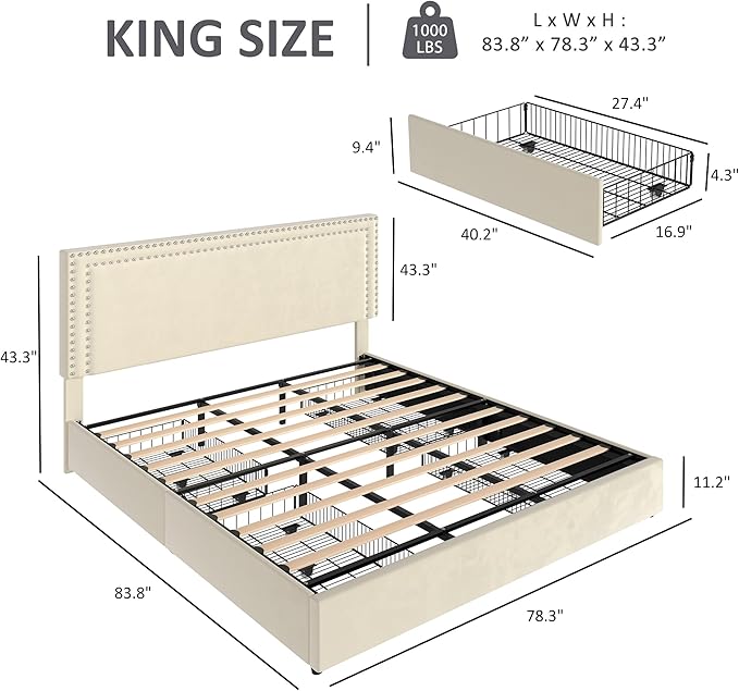 VECELO King Size Upholstered Platform Bed Frame with 4 Storage Drawers, Adjustable Velvet Rivet Decor Headboard, Wooden Slats Support, No Box Spring Needed, Easy Assembly