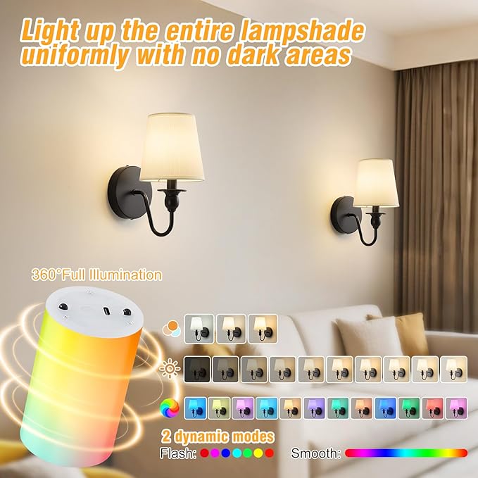 Battery Operated Wall Sconce Set of 2,Rechargeable Wall Sconce with 10000mAh Dimmable Bulb and Remote,LED 15 Colors Black Wireless Battery Powered Wall Lamp with Fabric for Bedroom Living Room