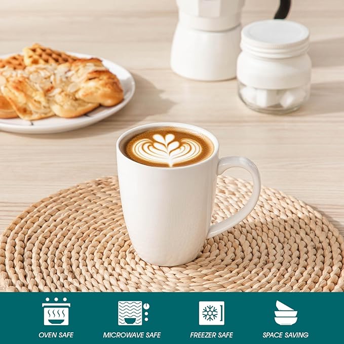 vancasso White Ceramic Coffee Mug Set of 6, 12 Oz Tea Cups with Handle for Latte, Tea, Cappuccino, Milk, Cocoa, Microwave&Dishwasher Safe