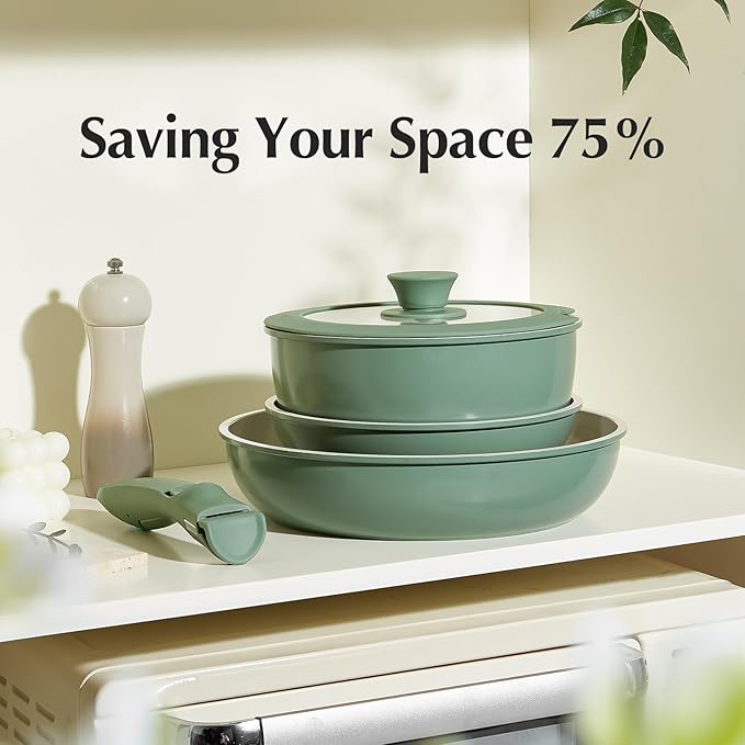 Redchef Ceramic Cookware Set, Removable Handle Pots and Pans Non-Stick, Rv Cookware Set, Non-Toxic Pots and Pans Set No PFAS, PTFE, PFOA, Detachable Pots and Pans, Dishwasher & Oven Safe (Green)