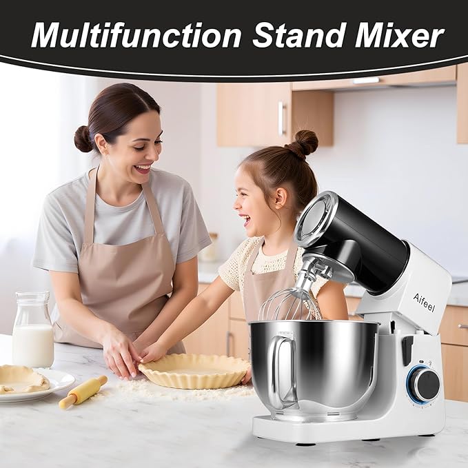 Aifeel Stand Mixer,6.5QT Kitchen Electric Mixer with 2QT Ice Cream Maker Bowl, 6 in 1 Multifunctional Bread Dough Mixer with Dough Hook,Whisk & Beater, Food Mixer for Baking (Black-White)