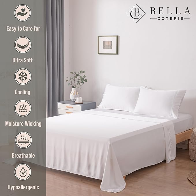 Bella Coterie Luxury Bamboo Viscose Cal King Size Sheet Set | 100% Organically Grown | Ultra Soft | Cooling for Hot Sleepers | 18" Deep Pocket [White]