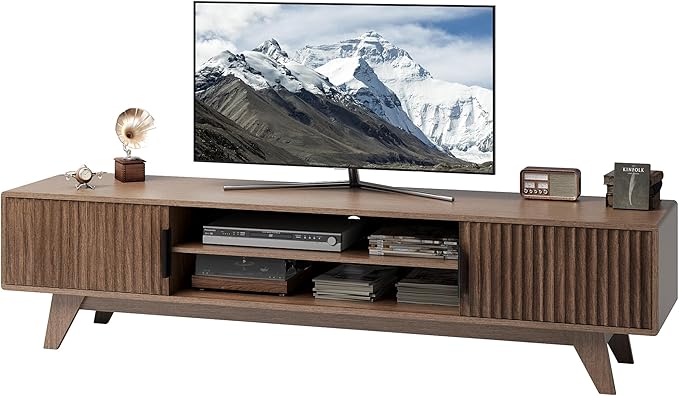 Claiks Mid-Century Modern TV Stand for 75 inch TV, Wood Fluted TV Stand with Storage and Adjustable Shelves, Low Profile TV Console for Living Room, Walnut