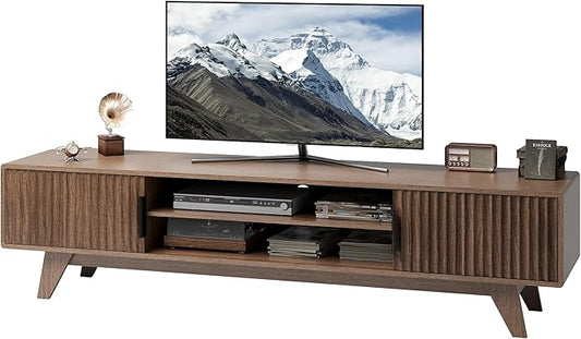 Claiks Mid-Century Modern TV Stand for 75 inch TV, Wood Fluted TV Stand with Storage and Adjustable Shelves, Low Profile TV Console for Living Room, Walnut
