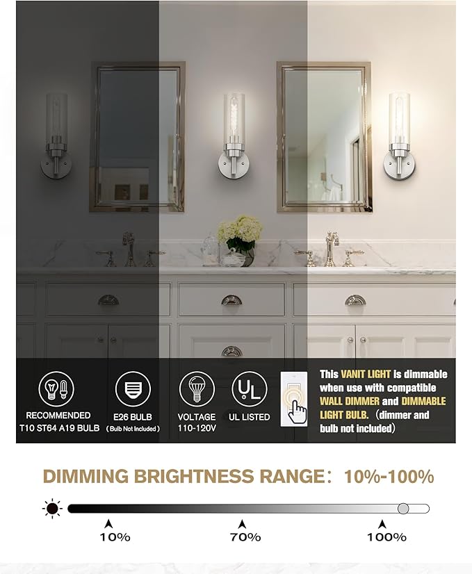 Emak Modern Wall Lights, Brushed Nickel Wall Sconces Set of 2, Bathroom Vanity Light with Clear Glass Shade for Bathroom, Bedroom, Living Room, Hallway, WS085-BN-2PK