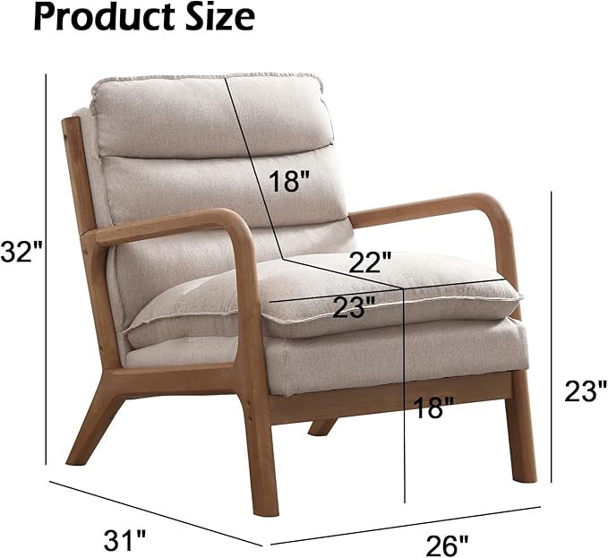 Phoenix Home Accent Chair Mid Century Lounge Chair PU Leather, Upholstered Reading Armchair with Lumbar Pillow & Solid Wood Frame for Office, Living Room Bedroom, Balcony, Beige