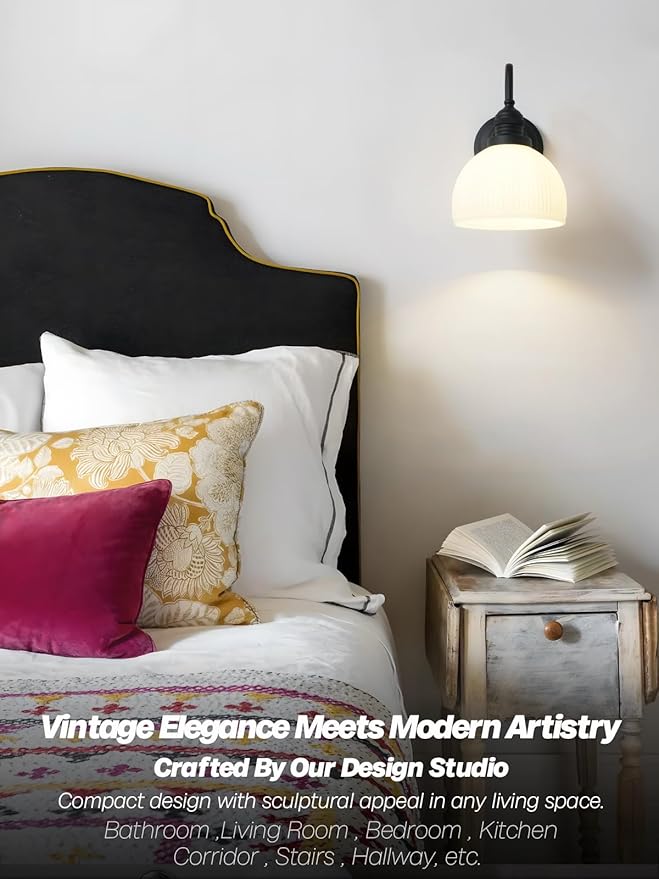 Vintage Wall Sconce Light, Black Bathroom Vanity Light with Striped Bowl Milk Glass Farmhouse Hardwire Wall Mounted Lamp for Bathroom Mirror Living Room Bedroom Kitchen E26 Indoor