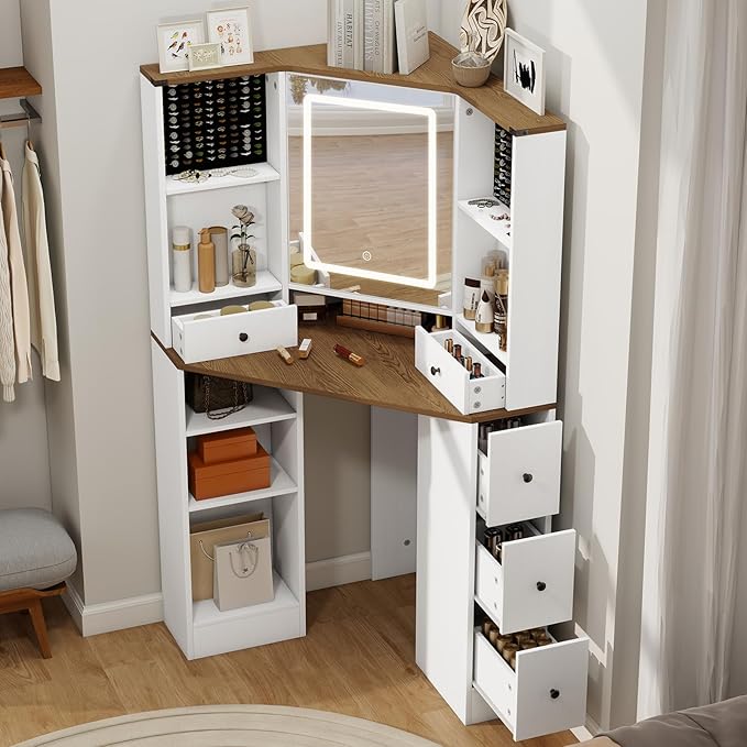 ARTETHYS Corner Vanity Desk with Mirror and Lights Makeup Table with Storage Large Farmhouse Vanity Sets with Drawers for Women, White