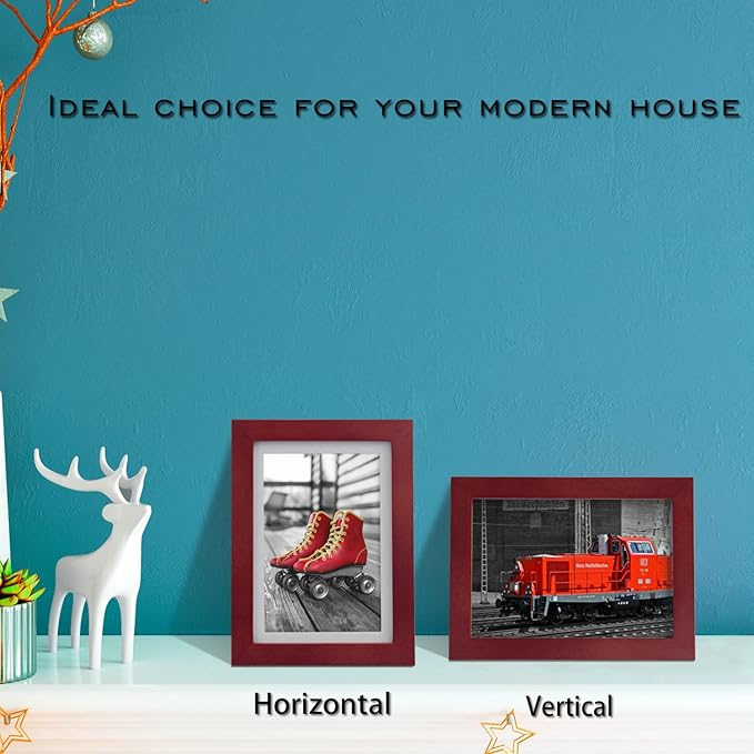 Egofine 5x7 Picture Frame Made of Solid Wood, Display Pictures 3.5x5/4x6 with Mat or 5x7 Without Mat Covered by Plexiglass for Table Top Display and Wall Mounting Photo Frame, Dark Red