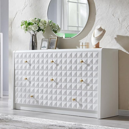 Modern 8 Drawer Dresser for Bedroom, Wooden Large Dressers &Chests of Drawers w/Two Different Drawer Sizes, Mid Century Modern Dresser w/Diamond Panel Decorate for Bedroom, Curved Profile Design,White