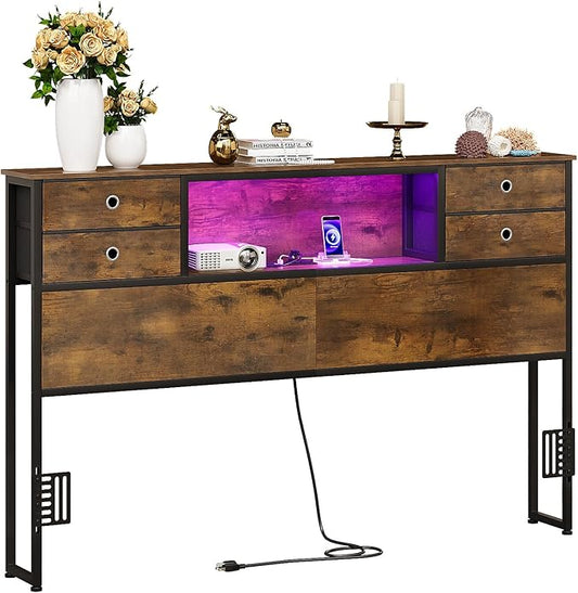 GiftGo Queen Size Headboard with 4 Fabric Storage Drawers Charging Station LED Light Adjustable Height Storage Rack Sturdy and Stable Metal Frame & Wood Shelf (Rustic Brown, Queen (U.S. Standard))