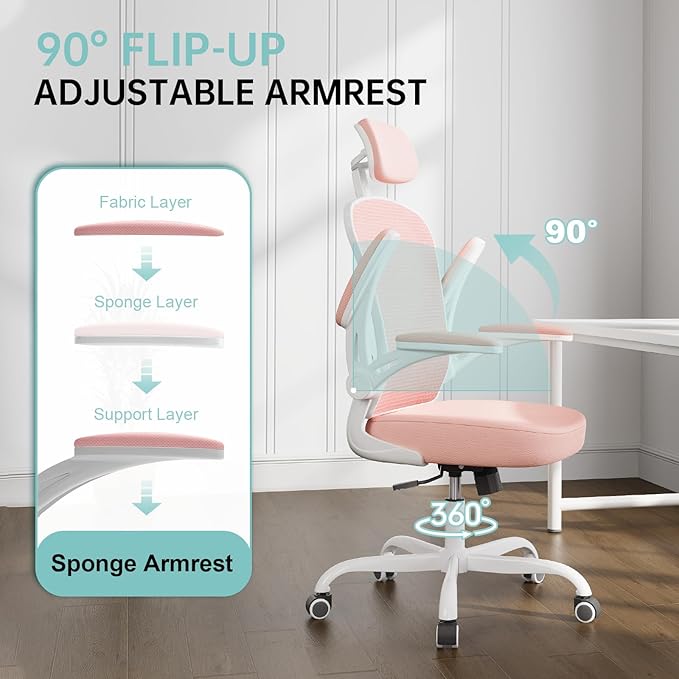 Office Chair Ergonomic Desk Chair, 330LBS Capacity, High Back Computer Chair for Long Hours Comfortable, Rolling Swivel Executive Task Chair for Home Office with Flip-up Armrests（White Pink）