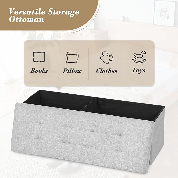 Athena Collection Ottoman Bench with Storage, 43 Inches Large End of Bed Storage Ottoman Bench, 130L Load 220 Lbs Linen Foot Rest for Bedroom, Living Room, Entyway, Light Gray