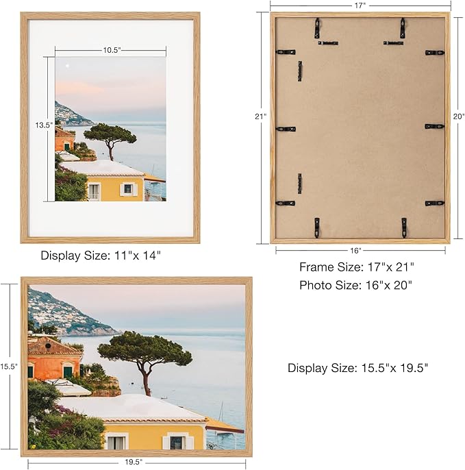 Axeman 16x20 Picture Frame with Mat for 11x14, Solid Oak Wood Poster Frame with Tempered Glass for Home Decor, Wooden 16x20inch Photo Frame for Art Photo and Prints, Wall Hook Included, Natural