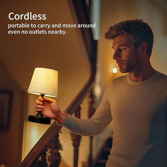 ONEWISH Small Cordless Lamp, Battery Operated Table lamp Dimmable, 4000mAh Rechargeable, Touch Bedside Lamp with Beige Linen Shade, 2700K Bulb Included, for Dining, Patio, Bathroom(Black)