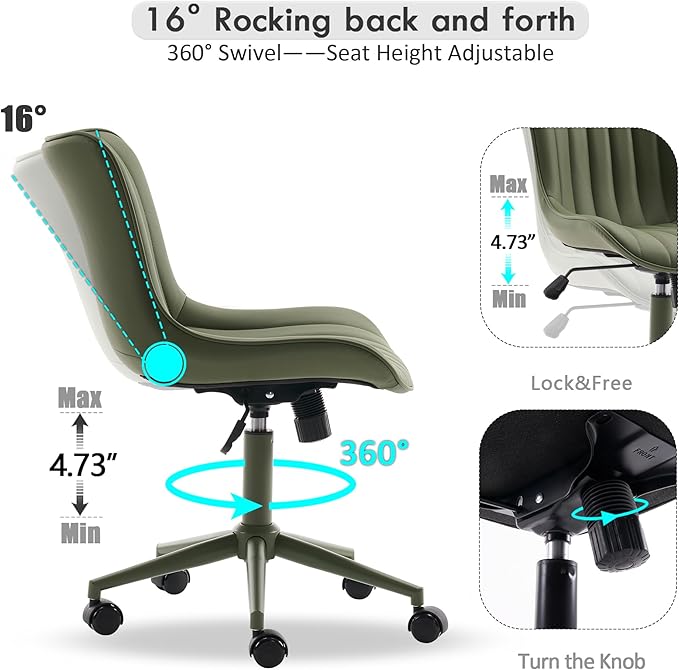 YOUNIKE Green Home Office Desk Chair with Wheels Armless Compact Comfy Vanity Chair with Adjustable Back Modern Small Leather Upholstered Rolling Swivel Cute Computer Task Sewing Chair No Arms