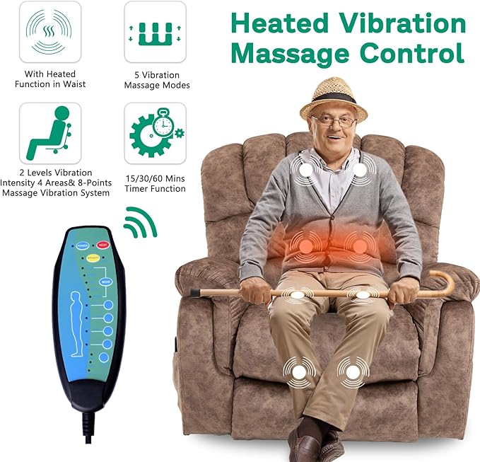 VIVIJASON Large Power Lift Recliner Chair with Heat & Massage for Elderly Big People, Overstuffed Wide Electric Lift Chair with Extended Footrest, 2 Remote Controls, Side Pockets & USB Ports, Brown