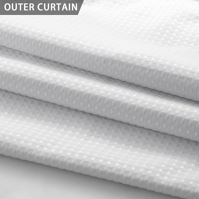 YellyHommy Stall No Hook Shower Curtain with Snap in Fabric Liner Set Less Time White Waffle Shower Curtain for Bathroom 75" L x 60" W