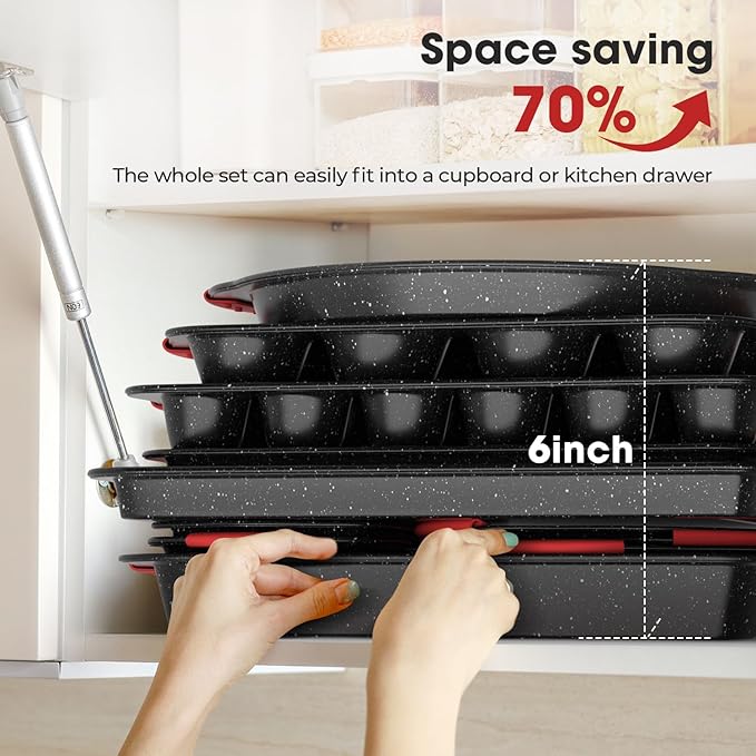 11-Piece Nonstick Stackable Baking Pans Set, Toxin-Free Bakeware Sets, Baking Pan Set with Silicone Handles, Includes Cookie Sheets, Loaf Pan, Pizza Pan, Muffin Pan, Red&Black