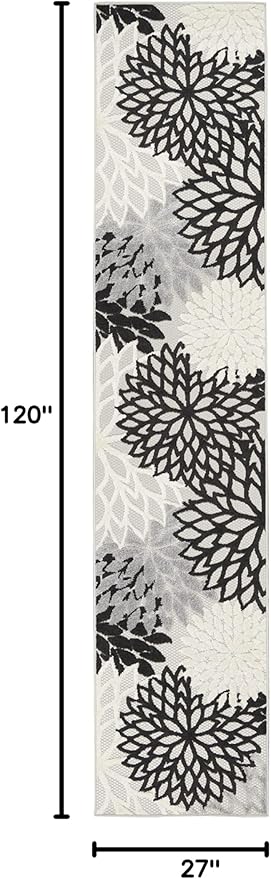 Nourison Aloha Indoor/Outdoor Black White 2'3" x 10' Area Rug, Tropical, Botanical, Easy Cleaning, Non Shedding, Bed Room, Living Room, Dining Room, Deck, Backyard, Patio (2x10)