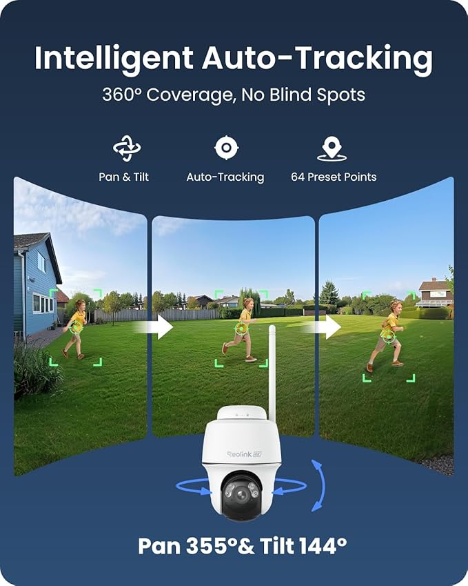 REOLINK First 4K Solar Security Cameras Wireless Outdoor, Argus PT Ultra+ 3W Solar Panel, 360° Pan Tilt Auto-Tracking, 8MP Color Night Vision, 2.4/5 GHz Wi-Fi 6, No Monthly Fee, Home Hub Compatible