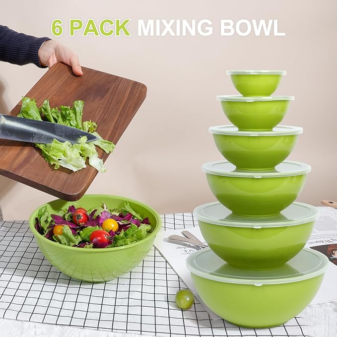 BoxedHome BPA Free Plastic Round Mixing Bowl with Lids, 12 Pack Nesting Bowls with Lids Set, Microwave and Dishwasher Safe Prep & Serving Bowls Great for Mixing, Baking, Serving (Light Green, 12pcs)