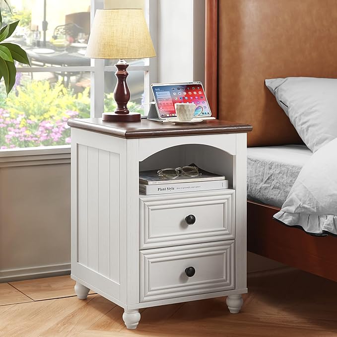 18" Farmhouse Night Stand Set 2 with Charger Station, White 2 & 3 Drawers Wood Nightstand, Bedside End Table with Storage and Roman Column, Bed Side Tables Cabinet for Bedroom, Living Room, and Closet