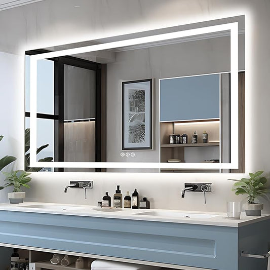 60"x30" Large LED Bathroom Vanity Mirror with Front Light and Backlit, Anti-Fog Illuminated Bathroom Mirror, Stepless Dimmable LED Mirror, 3 Colors Smart Mirror (Horizontal/Vertical)