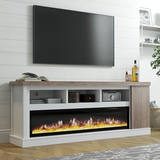 75” Fireplace TV Stand with 60” Electric Fireplace, Chunky Entertainment Center with Wood Grain, Color Clash Entertainment Stand for TVs up to 85”, White&Grey