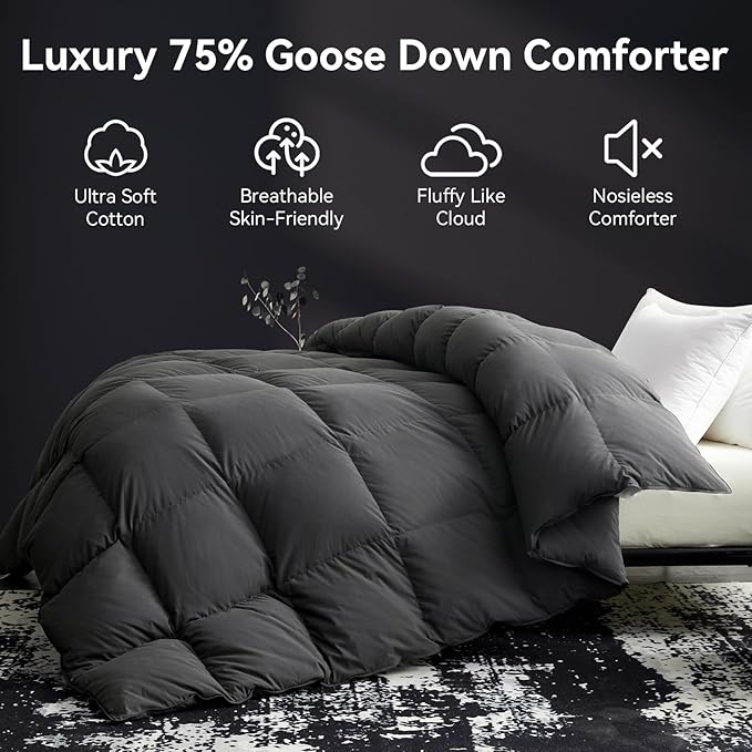 L LOVSOUL 75% Goose Down Fiber Comforter Super King Size, 850+ Fill Power Hotel Style Bedding Comforter, 1200TC, Fluffy Ultra Soft All Season Grey Duvet Insert with 8 Corner Tabs