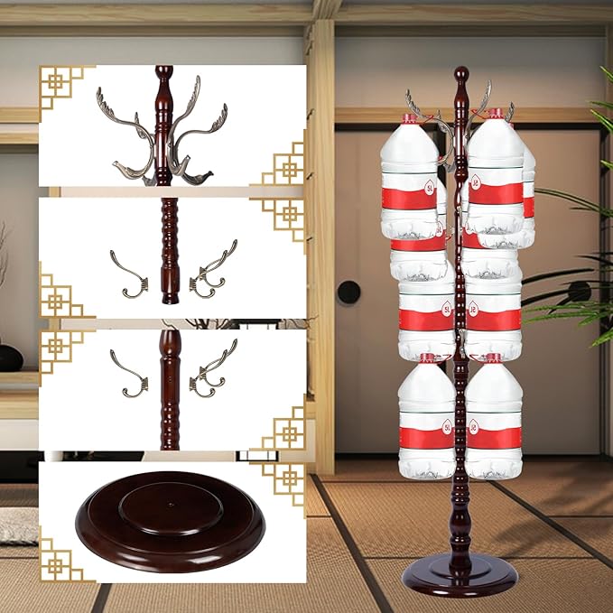 Coat Rack Freestanding, Wooden Tree Coat Rack Stand with 2 Adjustable Sizes Coat Tree and 14 Hooks, Sturdy Hall Tree with Solid Round Base for Entryway, Hallway, Bedroom (Reddish Brown-Metal Hook)