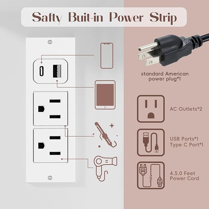YESHOMY Vanity Desk with Mirror, Power Outlet and 10 Lights, Makeup Table with 7 Drawers, 3 Color Modes Available for Bedroom, Light White
