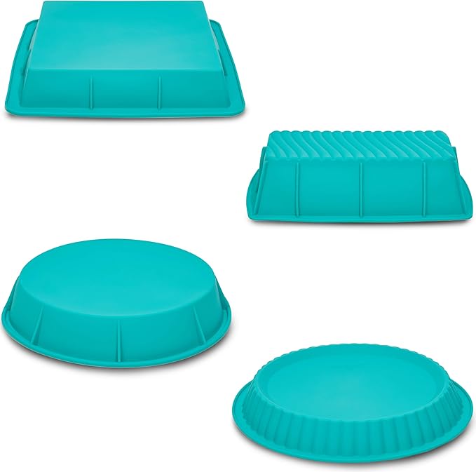 Juvale Silicone Baking Pans Set - 4-Piece Teal Set: Square, Rectangular, Round Cake & Pie - Nonstick Flexible Silicone Bakeware, Oven & Microwave Safe