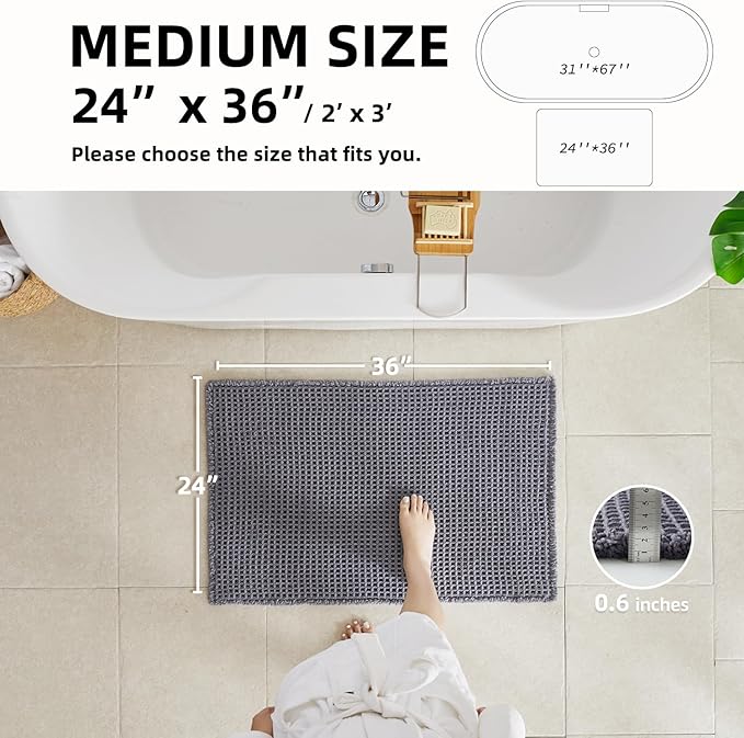 Waffle Bath Mat, Boho Bathroom Rugs Non Slip Washable Super Absorbent Quick Dry Bath Mat Farmhouse Bathroom Decor, 36"x24" Grey