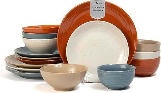 Sango Siterra Painter's Palette 16-Piece Stoneware Dinnerware Set – Service for 4, Multicolor with Unique Flecked Design, Perfect for Everyday Dining & Entertainment, Microwave & Dishwasher Safe