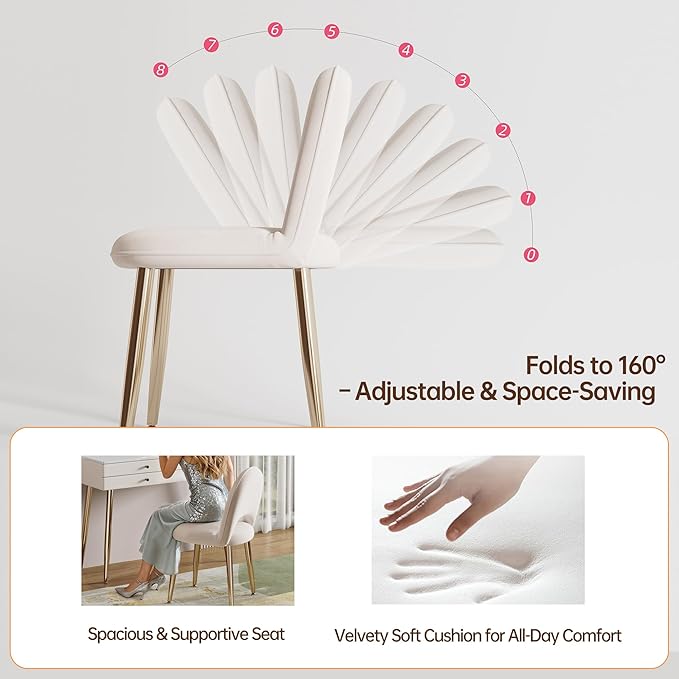 Vanity Desk with Mirror and Lights| 39" Beige Modern Makeup Vanity Set with Drawers & Adjustable Chair| White and Gold Dressing Table for Small Spaces & Bedroom