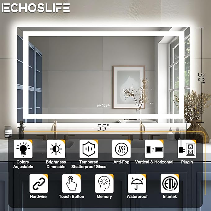 55"x30" LED Bathroom Mirrors for Wall, Front and Backlit Mirror, Anti-Fog Vanity Mirror with Lights, Stepless Dimmable Lighted Mirror, 3 Colors Smart Mirror (Horizontal/Vertical)