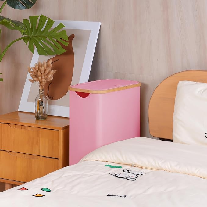 60L Slim Laundry Basket with Wheels,Narrow Hampers for Laundry,Freestanding Laundry Hamper with Lid&Bamboo Handles,Collapsible & Waterproof Tall Cloth Hamper for Dorm Family(Pink)