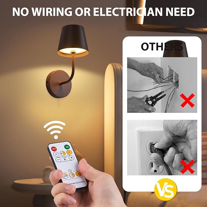 LED Wireless Wall Lamp Set of 2, with 5600mAh Rechargeable Battery Powered Wall Sconces, Touch for Remote Control Infinite Dimming Be Used for Bedroom Mirror Living Room Wall Painting(Brown)